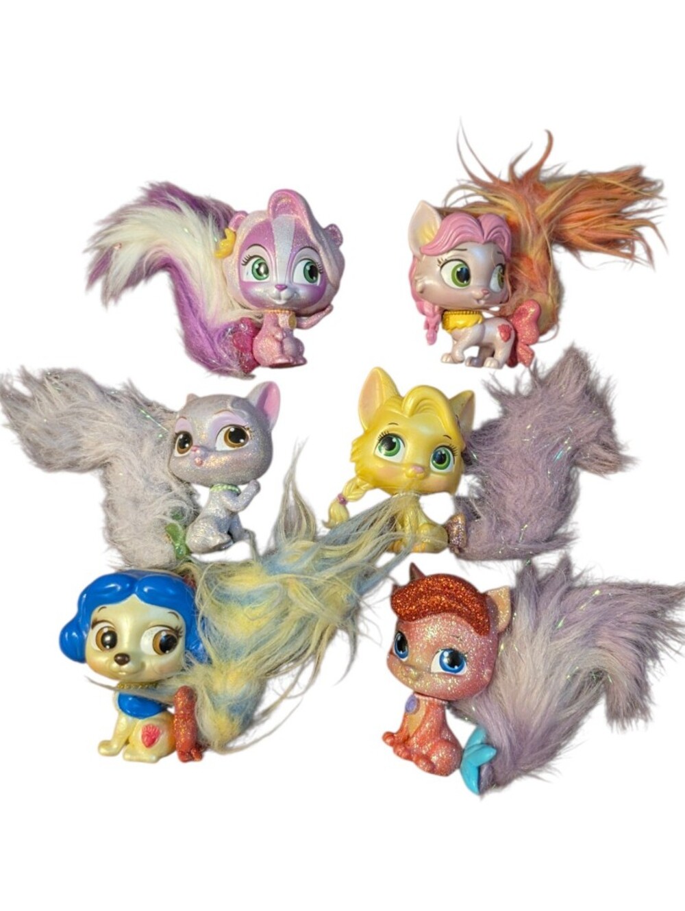 Disney Palace Pets Lot of 6 Glitter Fuzzy Tail Figures Hasbro Princess Pets Reti